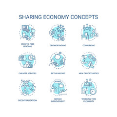 Sharing economy turquoise concept icons set. Service improvement. Collaborative work on business project idea thin line RGB color illustrations. Vector isolated outline drawings. Editable stroke