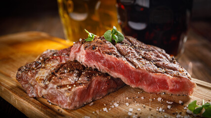 Beef steak on a wooden board