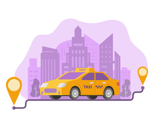 Ordering taxi route and points location on a city.Yellow cab car and urban landscape.GPS navigation city skyline with skyscrapers.Street traffic.Urban transport vehicle illustration vector.