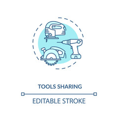 Tools sharing turquoise concept icon. Variety of instruments. Collaborative work on engineering project idea thin line illustration. Vector isolated outline RGB color drawing. Editable stroke
