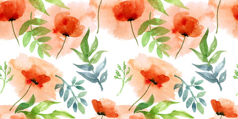 Watercolor seamless pattern of poppy. Hand-drawn illustration isolated on the white background.