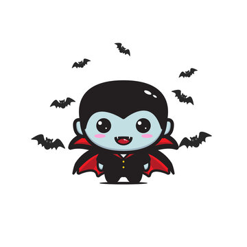 Funny cartoon little vampire, boy wearing Halloween costume, vector illustration