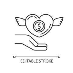 Participation in charity pixel perfect linear icon. Donate to foundation. Humanitarian aid. Thin line customizable illustration. Contour symbol. Vector isolated outline drawing. Editable stroke