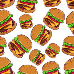delicious cheese burger in seamless pattern with color and outline on white background