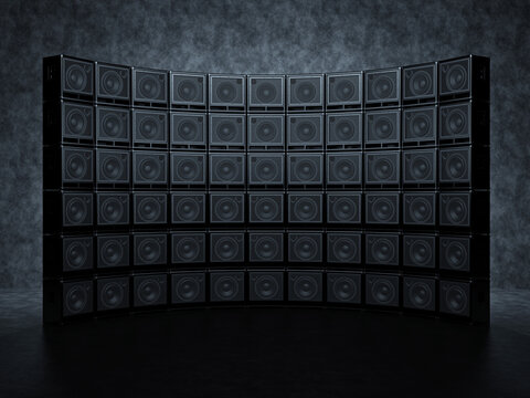 A grandiose scene of guitar amps against a wall. A huge semicircular wall of guitar amps. 3D Render