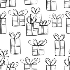 doodle black and white gift box in seamless pattern