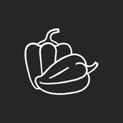 Capsicums chalk white icon on black background. Bulgarian pepper to cook healthy food. Raw fresh vegetable to prepare recipe. Paprika from farmer market. Isolated vector chalkboard illustration