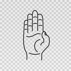 Obraz premium Hand drawn stop signal gesture isolated on transparent background. Palm and the hand. Sketch. Vector illustration.
