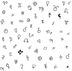 Vector pattern of astronomical and alchemical signs, symbols of planets, zodiac signs and asteroids. Black icons on a white background. Hand-drawn. Illustration in the Doodle style.