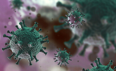 Illustration of virus cells or bacteria molecule under microscope. Abstract 3d illustration corona virus cells.Pathogen respiratory influenza. Flying Covid virus cells