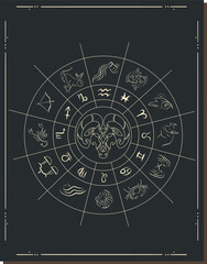 Vector illustration. Different stages of moonlight activity in vintage engraving style. Zodiac Signs