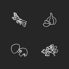 Vegan salad ingredient chalk white icons set on black background. Asparagus spear. Fresh herbs. Veggies for vegetarian recipe. Nutrient diet food. Isolated vector chalkboard illustrations