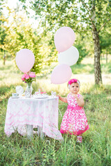 Baby girl celebrates her first birthday with cake and balloons in nature