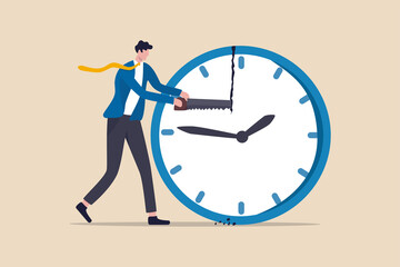 Time management, balance timeline for work and personal life or project management concept, businessman manager or office worker using saw to break the clock to manage time for projects deadline.