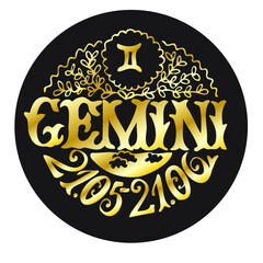 Zodiac sign Gemini. Vector illustration for horoscope in art Deco style.  Round black background with gold hand lettering. The composition is decorated with floral ornaments. Astronomical data.