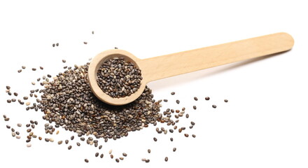 Chia seeds with wooden spoon isolated on white background