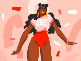 Hand drawn vector abstract stock graphic illustration with young happy black african american beauty female in swimsuit isolated on color collage shape background