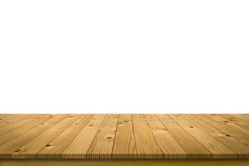 Empty perspective brown old plank wooden board mock up display as shelf or tabletop for representation product with isolated white space background.