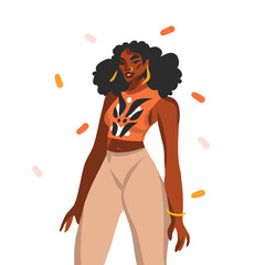 Hand drawn vector flat abstract stock graphic illustration with young happy black afro american beauty female with piercing on her face isolated on white background