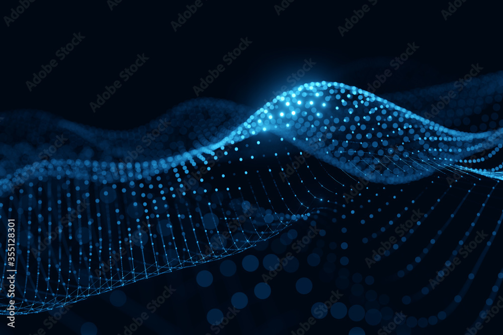 Poster Moving neon blue wireframe pattern forming a digital network connection on dark background