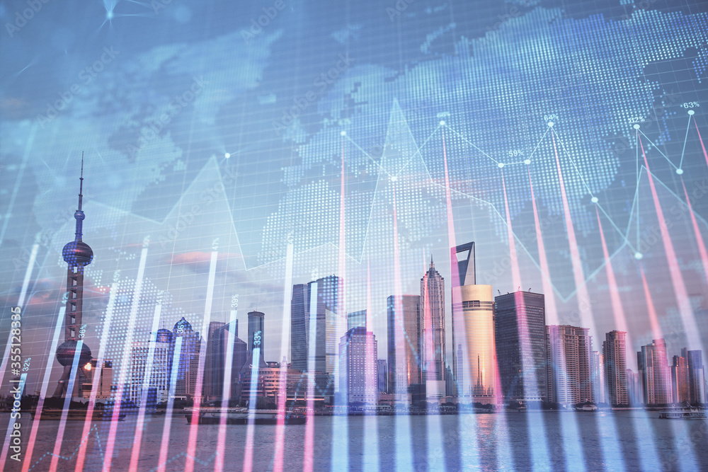 Aufkleber forex graph on city view with skyscrapers background double exposure. financial analysis concept.