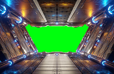 Orange and blue futuristic spaceship interior with green window 3d rendering © sdecoret