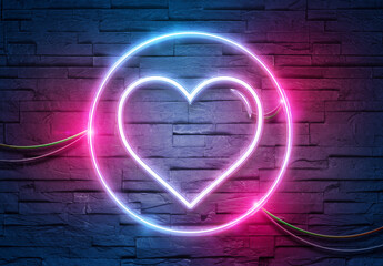 Heart neon icon illuminating a brick wall with blue and pink glowing light 3D rendering
