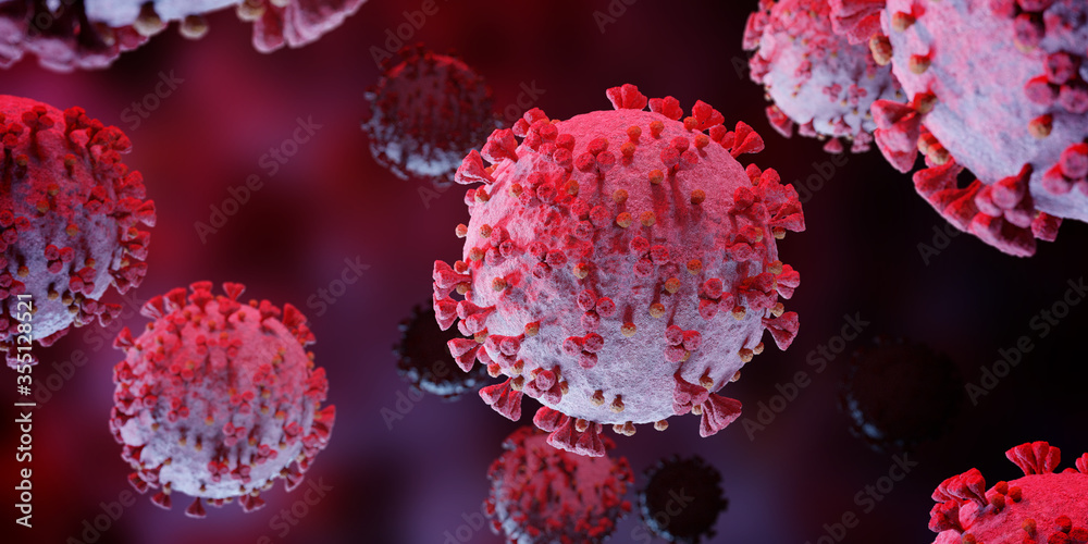 Poster microscopic close-up of the covid-19 disease. coronavirus illness spreading in body cell. 2019-ncov 