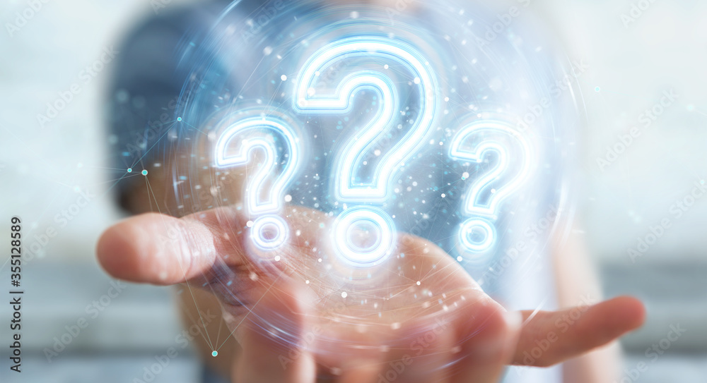 Poster man using digital question marks holographic interface 3d rendering