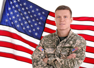 Male soldier and American flag on white background. Military service