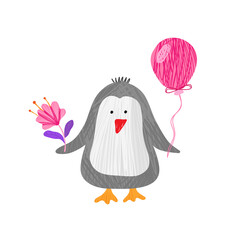 Drawing of penguin with a flower and a balloon for children. Vector penguin drawn in kid's style. Cute cartoon penguin illustration.