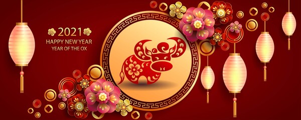 Naklejka premium Happy new year 2021 / Chinese new year / Year of the ox / Zodiac sign for greetings card, invitation, posters, brochure, calendar, flyers, banners 