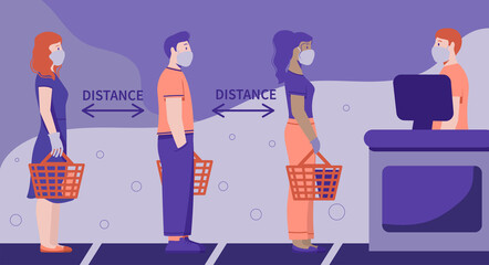 the queue of people waiting behind the line in gloves and masks prevention of coronavirus flat illustration of the rules for preventing the spread of covid-19 and social distance