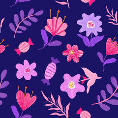 Fototapeta na wymiar Vector seamless pattern of doodle flowers and hearts. Floral pattern. Spring background.