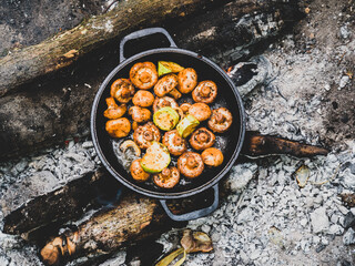 Champignon and zucchini on the frying pan on a fire in the wood