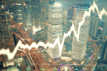 Financial chart on city scape with tall buildings background multi exposure. Analysis concept.