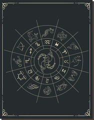 Vector illustration. Different stages of moonlight activity in vintage engraving style. Zodiac Signs