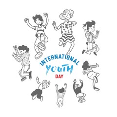 International youth day. August 12. Campaign vector illustration with line drawing jump crowd teen people