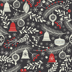 Merry Christmas, Happy New Year seamless pattern with fir cone, holly leaves and berries for greeting cards, wrapping papers. Seamless winter pattern. Vector illustration.