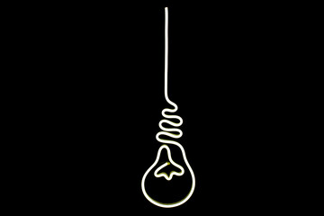 White light bulb neon sign on isolated black background. Neon concept. Modern style. Neon sign. Flat lay, copy space, top view. 