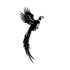 Silhouette of Common or Ring-Necked Pheasant Flying Up Retro Black and White