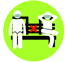 sitting on a bench with mask and physical distance icon