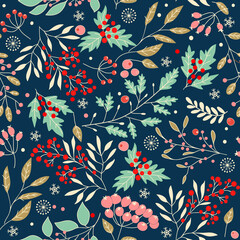Obraz premium Merry Christmas, Happy New Year seamless pattern with fir cone, holly leaves and berries for greeting cards, wrapping papers. Seamless winter pattern. Vector illustration.