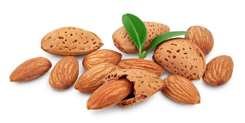 Almonds nuts with leaves isolated on white background with clipping path and full depth of field.