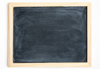 Blank chalkboard in light wooden frame isolated on white