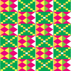 African Kente tribal geometric seamless pattern, traditional nwentoma cloth style vector textile design in pink and green
