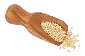 white quinoa seeds in wooden scoop isolated on white background with clipping path and full depth of field. Top view. Flat lay.