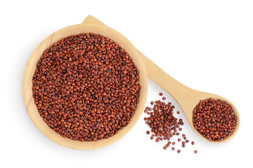 red quinoa seeds in wooden bowl and spoon isolated on white background with clipping path and full depth of field. Top view. Flat lay