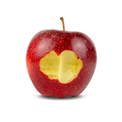 Plakat Fresh red ripe apple fruit with missing bite isolated on white background, die cut with clipping path
