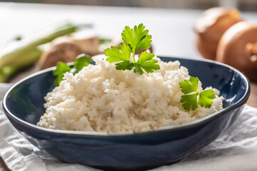 Bowl of steamed rice with mushrooms and leaks in the background